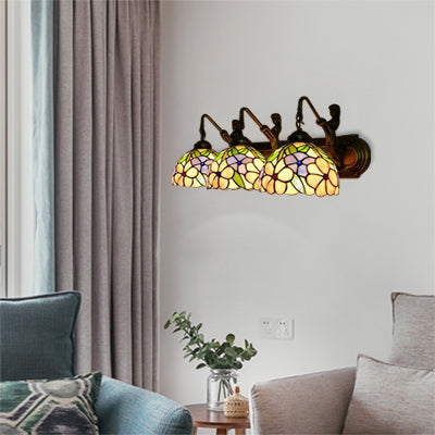 Bowl Pink Glass Sconce Light Tiffany 3 Lights Brass Wall Mounted Light with Glory/Rose Pattern Pink Morning Glory Clearhalo 'Industrial' 'Middle century wall lights' 'Tiffany wall lights' 'Tiffany' 'Wall Lamps & Sconces' 'Wall Lights' Lighting' 66206
