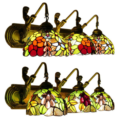 Antique Brass Dome Wall Mounted Lamp 3 Heads Stained Glass Sconce Light with Leaf/Flower Pattern Clearhalo 'Industrial' 'Middle century wall lights' 'Tiffany wall lights' 'Tiffany' 'Wall Lamps & Sconces' 'Wall Lights' Lighting' 66263
