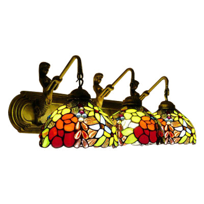 Antique Brass Dome Wall Mounted Lamp 3 Heads Stained Glass Sconce Light with Leaf/Flower Pattern Clearhalo 'Industrial' 'Middle century wall lights' 'Tiffany wall lights' 'Tiffany' 'Wall Lamps & Sconces' 'Wall Lights' Lighting' 66264