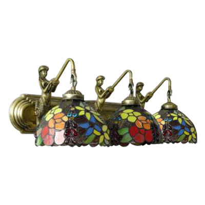 Antique Brass Dome Wall Mounted Lamp 3 Heads Stained Glass Sconce Light with Leaf/Flower Pattern Clearhalo 'Industrial' 'Middle century wall lights' 'Tiffany wall lights' 'Tiffany' 'Wall Lamps & Sconces' 'Wall Lights' Lighting' 66265
