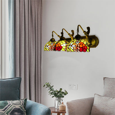 Antique Brass Dome Wall Mounted Lamp 3 Heads Stained Glass Sconce Light with Leaf/Flower Pattern Antique Brass Flower Clearhalo 'Industrial' 'Middle century wall lights' 'Tiffany wall lights' 'Tiffany' 'Wall Lamps & Sconces' 'Wall Lights' Lighting' 66266
