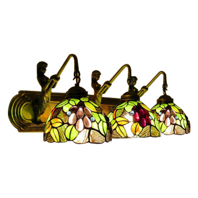 Antique Brass Dome Wall Mounted Lamp 3 Heads Stained Glass Sconce Light with Leaf/Flower Pattern Clearhalo 'Industrial' 'Middle century wall lights' 'Tiffany wall lights' 'Tiffany' 'Wall Lamps & Sconces' 'Wall Lights' Lighting' 66267