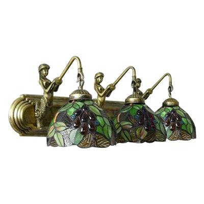 Antique Brass Dome Wall Mounted Lamp 3 Heads Stained Glass Sconce Light with Leaf/Flower Pattern Clearhalo 'Industrial' 'Middle century wall lights' 'Tiffany wall lights' 'Tiffany' 'Wall Lamps & Sconces' 'Wall Lights' Lighting' 66268