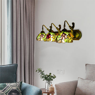 Antique Brass Dome Wall Mounted Lamp 3 Heads Stained Glass Sconce Light with Leaf/Flower Pattern Antique Brass Leaf Clearhalo 'Industrial' 'Middle century wall lights' 'Tiffany wall lights' 'Tiffany' 'Wall Lamps & Sconces' 'Wall Lights' Lighting' 66269