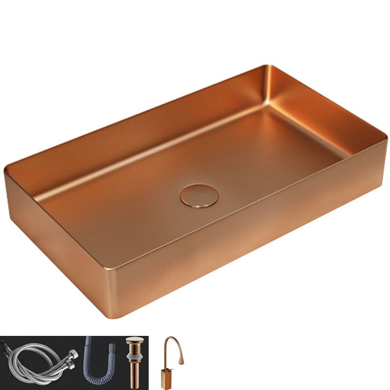 Contemporary Bathroom Sink Metal Rectangular Vessel Bathroom Sink with Pop-Up Drain Rose Gold Gooseneck Faucet Sink with Faucet Clearhalo 'Bathroom Remodel & Bathroom Fixtures' 'Bathroom Sinks & Faucet Components' 'Bathroom Sinks' 'bathroom_sink' 'Home Improvement' 'home_improvement' 'home_improvement_bathroom_sink' 6627525