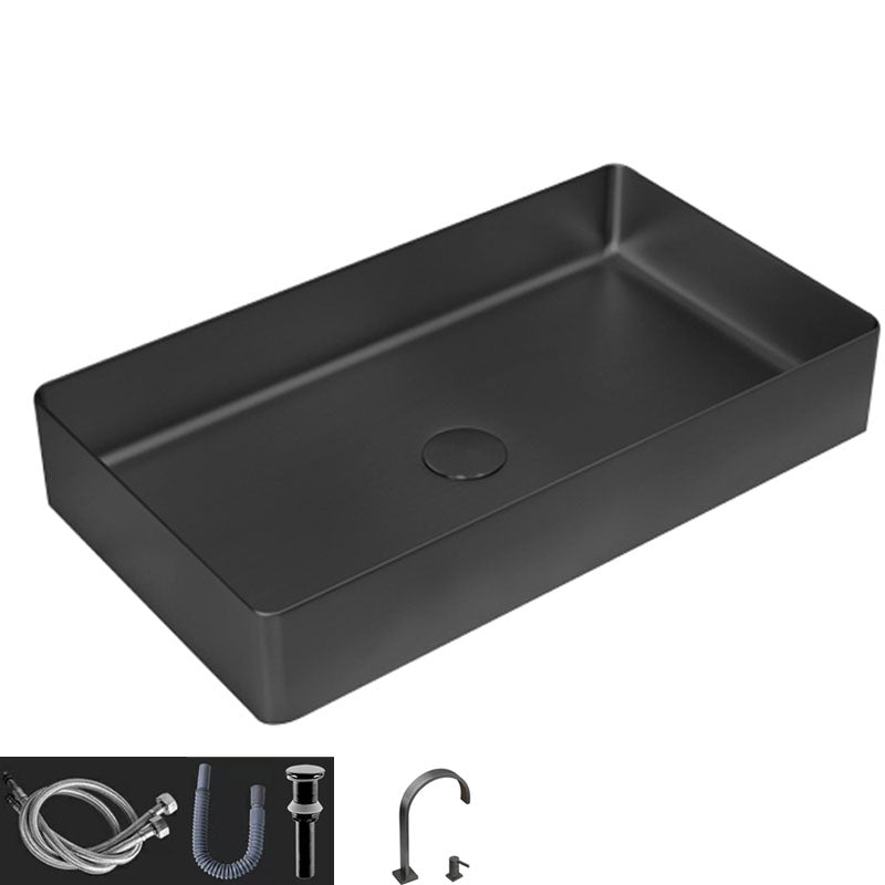 Contemporary Bathroom Sink Metal Rectangular Vessel Bathroom Sink with Pop-Up Drain Black Double Hole Faucet Sink with Faucet Clearhalo 'Bathroom Remodel & Bathroom Fixtures' 'Bathroom Sinks & Faucet Components' 'Bathroom Sinks' 'bathroom_sink' 'Home Improvement' 'home_improvement' 'home_improvement_bathroom_sink' 6627542