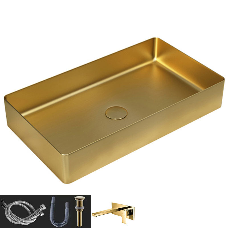 Contemporary Bathroom Sink Metal Rectangular Vessel Bathroom Sink with Pop-Up Drain Gold Square Faucet Sink with Faucet Clearhalo 'Bathroom Remodel & Bathroom Fixtures' 'Bathroom Sinks & Faucet Components' 'Bathroom Sinks' 'bathroom_sink' 'Home Improvement' 'home_improvement' 'home_improvement_bathroom_sink' 6627545