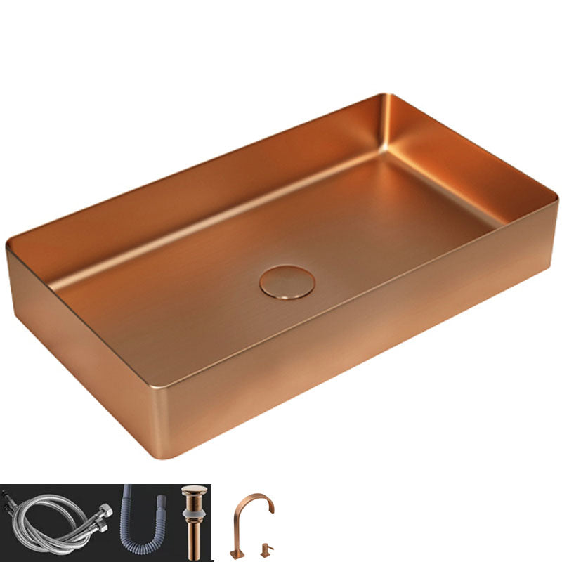 Contemporary Bathroom Sink Metal Rectangular Vessel Bathroom Sink with Pop-Up Drain Rose Gold Double Hole Faucet Sink with Faucet Clearhalo 'Bathroom Remodel & Bathroom Fixtures' 'Bathroom Sinks & Faucet Components' 'Bathroom Sinks' 'bathroom_sink' 'Home Improvement' 'home_improvement' 'home_improvement_bathroom_sink' 6627546