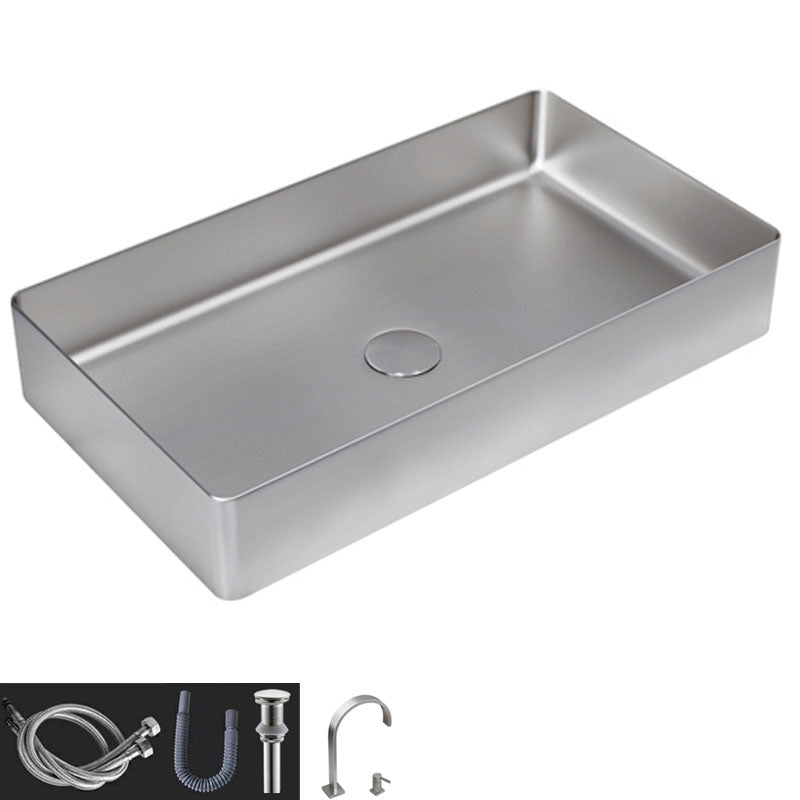 Contemporary Bathroom Sink Metal Rectangular Vessel Bathroom Sink with Pop-Up Drain Silver Double Hole Faucet Sink with Faucet Clearhalo 'Bathroom Remodel & Bathroom Fixtures' 'Bathroom Sinks & Faucet Components' 'Bathroom Sinks' 'bathroom_sink' 'Home Improvement' 'home_improvement' 'home_improvement_bathroom_sink' 6627548