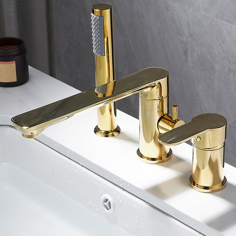Modern Deck Mounted Freestanding Tub Filler Metal Freestanding Faucet with Handles Gold Clearhalo 'Bathroom Remodel & Bathroom Fixtures' 'Bathtub Faucets' 'bathtub_faucets' 'Home Improvement' 'home_improvement' 'home_improvement_bathtub_faucets' 6628603