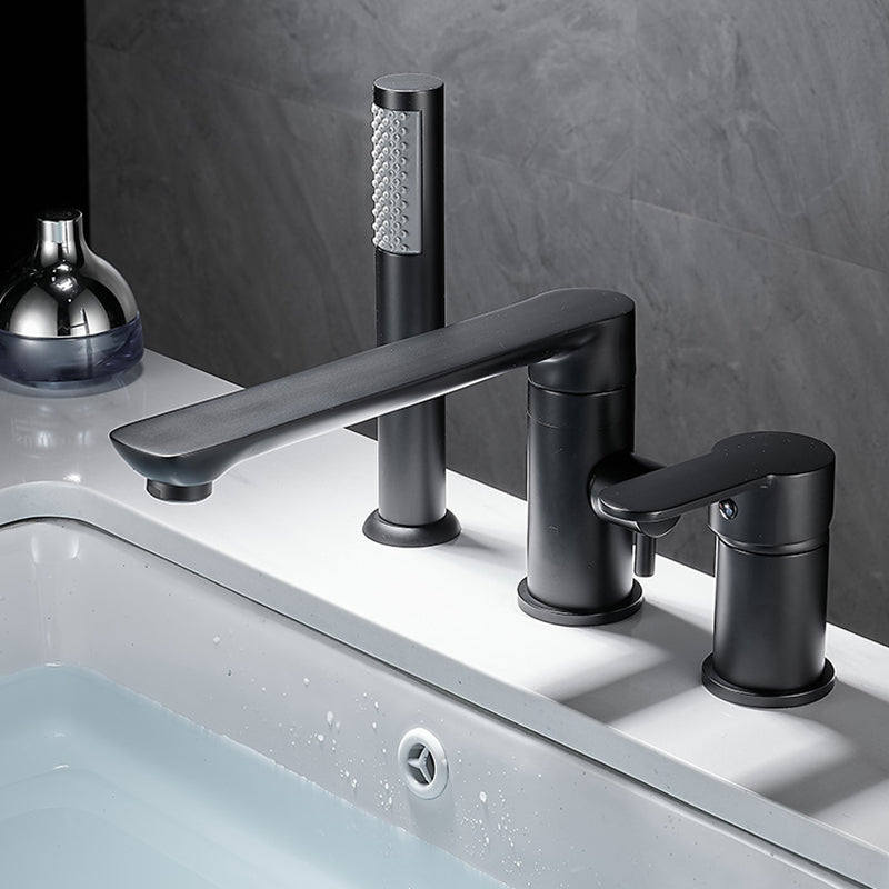 Modern Deck Mounted Metal Freestanding Tub Filler Low Arc Freestanding Faucet with Hose Black Round Clearhalo 'Bathroom Remodel & Bathroom Fixtures' 'Bathtub Faucets' 'bathtub_faucets' 'Home Improvement' 'home_improvement' 'home_improvement_bathtub_faucets' 6628619
