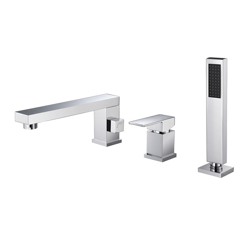 Modern Deck Mounted Metal Freestanding Tub Filler Low Arc Freestanding Faucet with Hose Nickel Square Rectangle Clearhalo 'Bathroom Remodel & Bathroom Fixtures' 'Bathtub Faucets' 'bathtub_faucets' 'Home Improvement' 'home_improvement' 'home_improvement_bathtub_faucets' 6628624