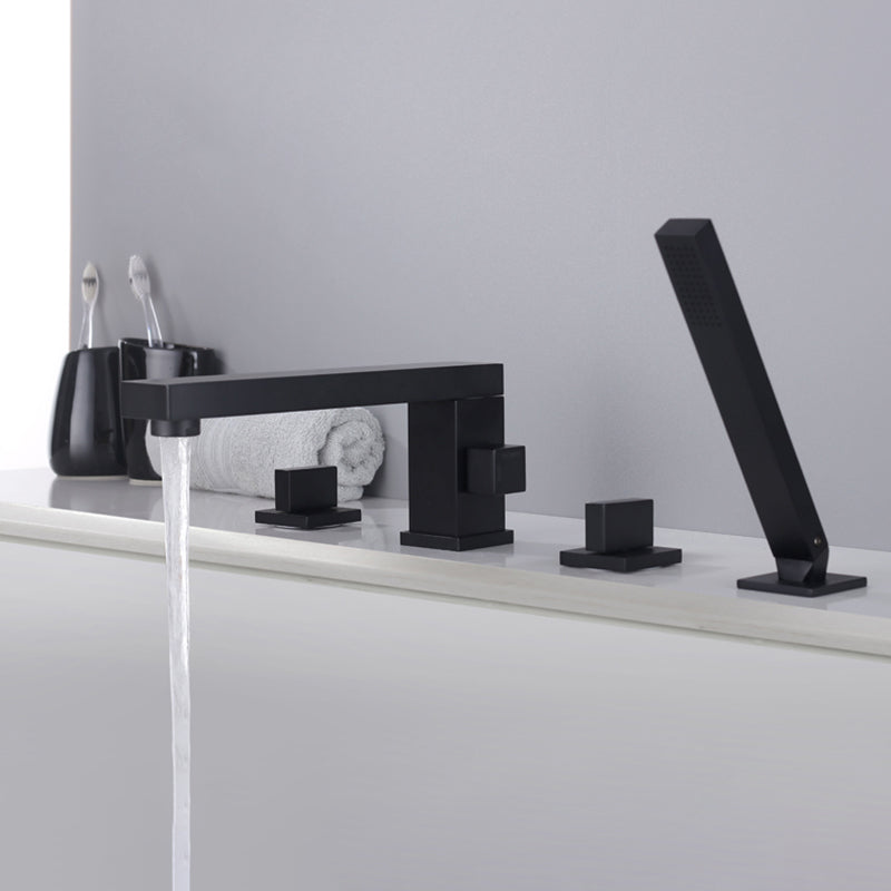 Modern Deck Mounted Metal Freestanding Tub Filler Low Arc Freestanding Faucet in Black Square Rectangle 4 Hole Faucets Clearhalo 'Bathroom Remodel & Bathroom Fixtures' 'Bathtub Faucets' 'bathtub_faucets' 'Home Improvement' 'home_improvement' 'home_improvement_bathtub_faucets' 6628640