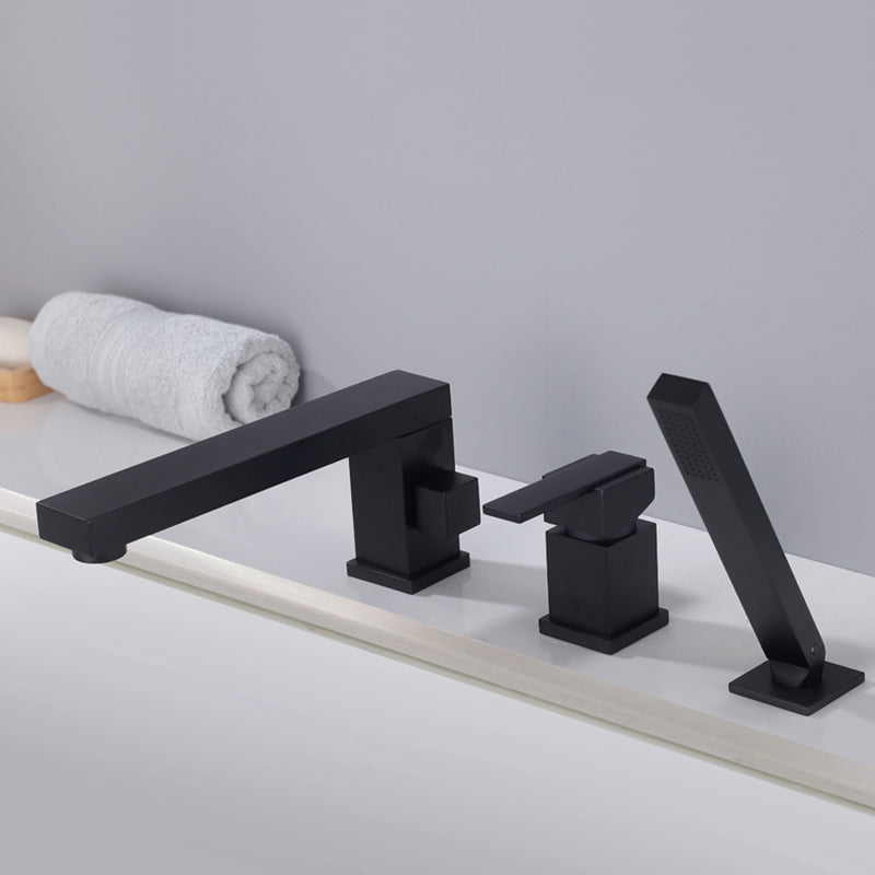 Modern Deck Mounted Metal Freestanding Tub Filler Low Arc Freestanding Faucet in Black Square Rectangle 3 Hole Faucets Clearhalo 'Bathroom Remodel & Bathroom Fixtures' 'Bathtub Faucets' 'bathtub_faucets' 'Home Improvement' 'home_improvement' 'home_improvement_bathtub_faucets' 6628641