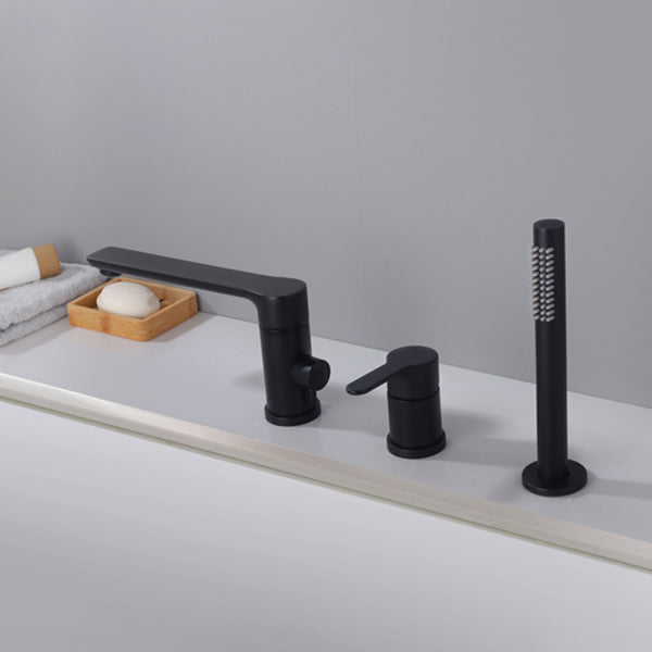 Modern Deck Mounted Metal Freestanding Tub Filler Low Arc Freestanding Faucet in Black Clearhalo 'Bathroom Remodel & Bathroom Fixtures' 'Bathtub Faucets' 'bathtub_faucets' 'Home Improvement' 'home_improvement' 'home_improvement_bathtub_faucets' 6628651