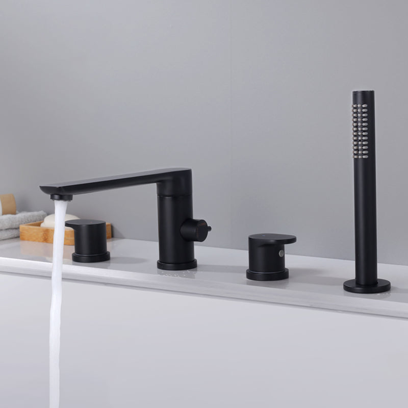 Modern Deck Mounted Metal Freestanding Tub Filler Low Arc Freestanding Faucet in Black Clearhalo 'Bathroom Remodel & Bathroom Fixtures' 'Bathtub Faucets' 'bathtub_faucets' 'Home Improvement' 'home_improvement' 'home_improvement_bathtub_faucets' 6628652