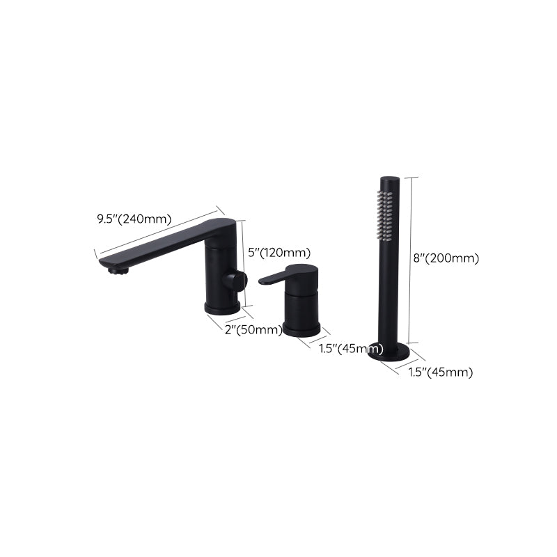 Modern Deck Mounted Metal Freestanding Tub Filler Low Arc Freestanding Faucet in Black Clearhalo 'Bathroom Remodel & Bathroom Fixtures' 'Bathtub Faucets' 'bathtub_faucets' 'Home Improvement' 'home_improvement' 'home_improvement_bathtub_faucets' 6628653