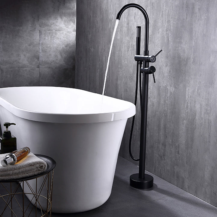 Traditional Floor Mounted Metal Freestanding Tub Filler Single Handle Freestanding Faucet Black Hand Shower Included Clearhalo 'Bathroom Remodel & Bathroom Fixtures' 'Bathtub Faucets' 'bathtub_faucets' 'Home Improvement' 'home_improvement' 'home_improvement_bathtub_faucets' 6628672