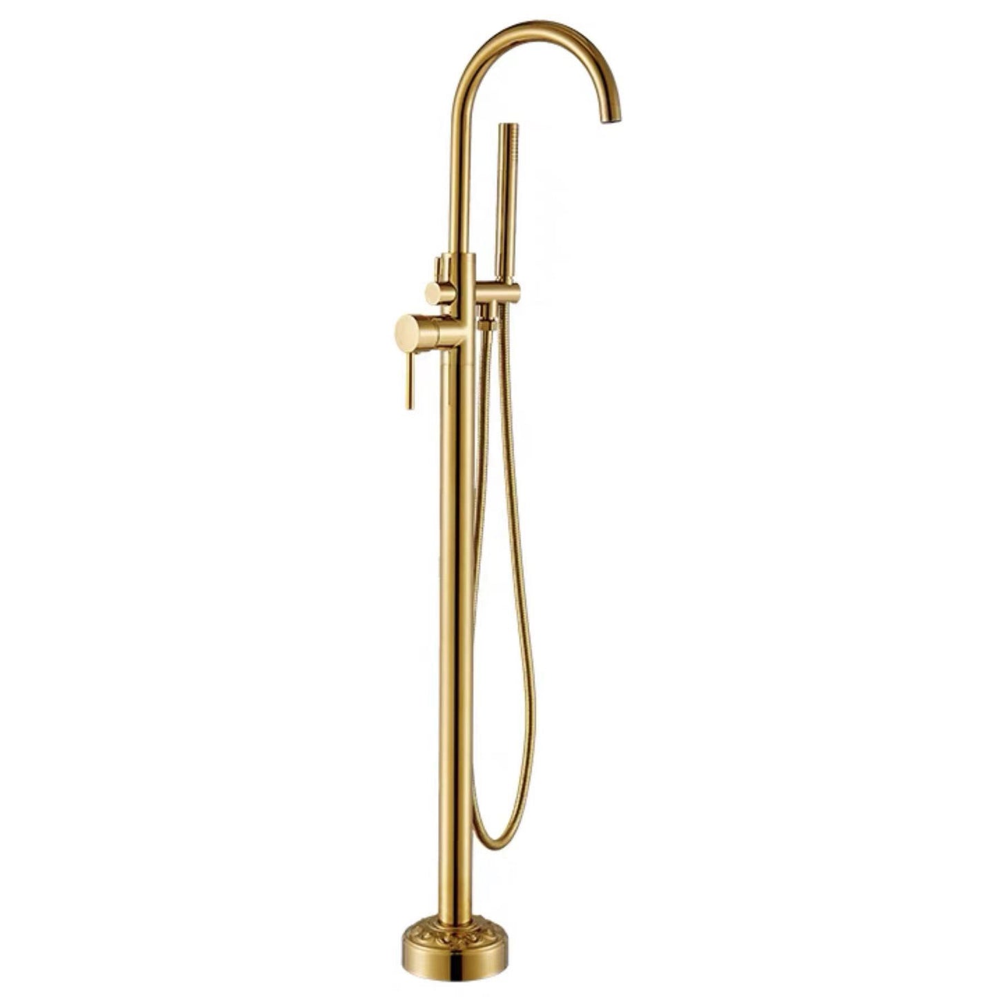Traditional Floor Mounted Metal Freestanding Tub Filler Single Handle Freestanding Faucet Gold Hand Shower Included Clearhalo 'Bathroom Remodel & Bathroom Fixtures' 'Bathtub Faucets' 'bathtub_faucets' 'Home Improvement' 'home_improvement' 'home_improvement_bathtub_faucets' 6628677