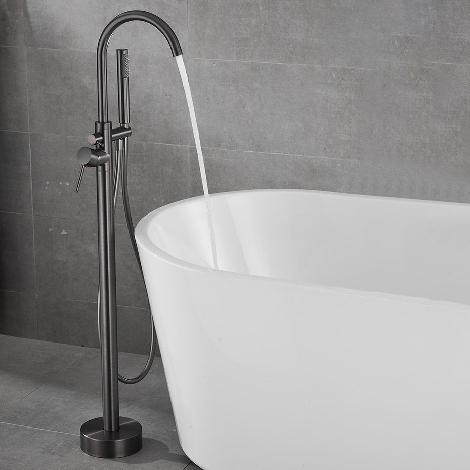 Floor Mounted Freestanding Tub Filler Metal Freestanding Tub Filler Trim with Spray Gun Black Ground Clearhalo 'Bathroom Remodel & Bathroom Fixtures' 'Bathtub Faucets' 'bathtub_faucets' 'Home Improvement' 'home_improvement' 'home_improvement_bathtub_faucets' 6628694