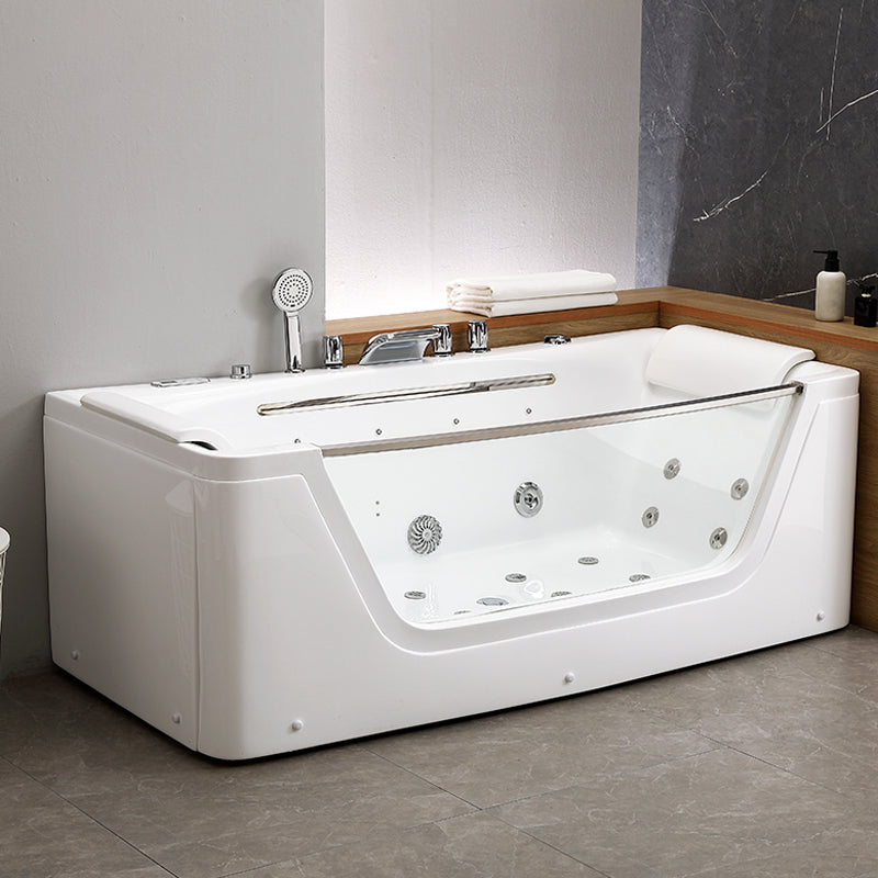 Modern Rectangle Acrylic Bathtub Back to Wall with Massage Device 59"L x 31"W x 25"H Massage & Waterfall & Thermostat & Aerator & Lights Tub with Silver 5-Piece Set Clearhalo 'Bathroom Remodel & Bathroom Fixtures' 'Bathtubs' 'Home Improvement' 'home_improvement' 'home_improvement_bathtubs' 'Showers & Bathtubs' 6639364