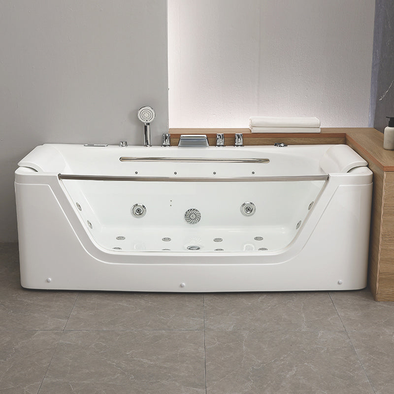 Modern Rectangle Acrylic Bathtub Back to Wall with Massage Device 59"L x 31"W x 25"H Massage+Waterfall+Constant Temperature+Bubble+Color Lamp+Ozone Tub with Silver 5-Piece Set Clearhalo 'Bathroom Remodel & Bathroom Fixtures' 'Bathtubs' 'Home Improvement' 'home_improvement' 'home_improvement_bathtubs' 'Showers & Bathtubs' 6639371