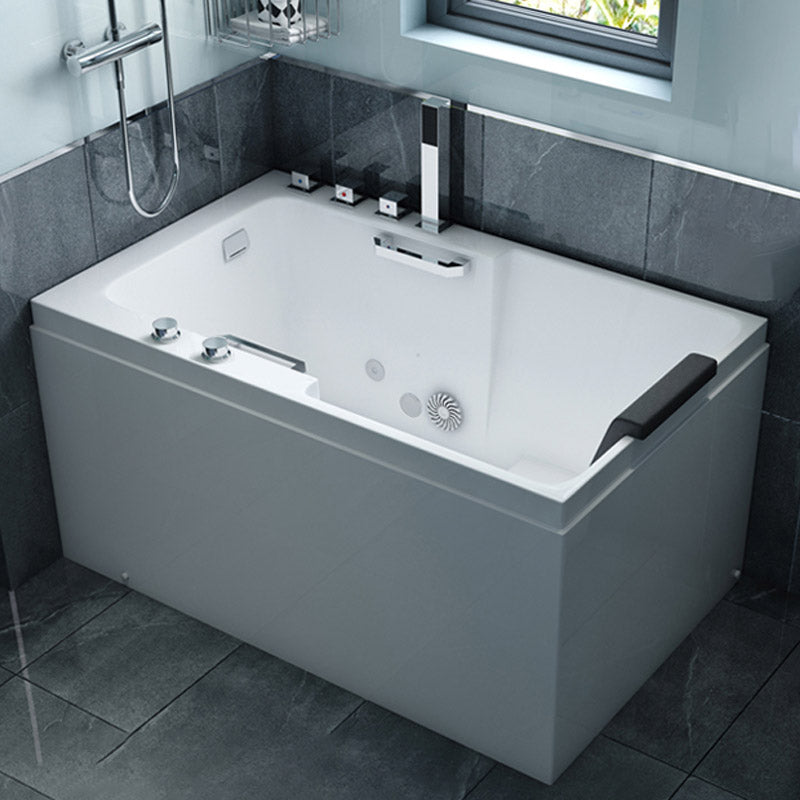 Bathroom Acrylic Apron Front Bathtub Modern Rectangular Bathtub Massage Tub & Silver 5-Piece Set & Pillow Armrest Clearhalo 'Bathroom Remodel & Bathroom Fixtures' 'Bathtubs' 'Home Improvement' 'home_improvement' 'home_improvement_bathtubs' 'Showers & Bathtubs' 6639486