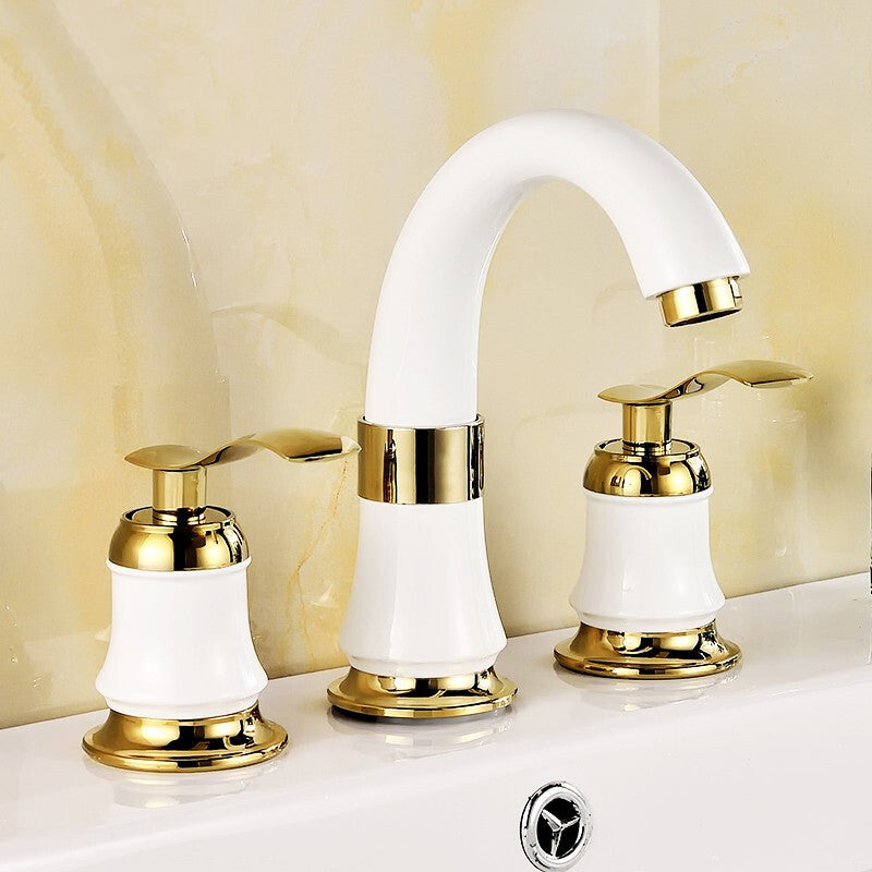 Luxury Rotatable Widespread Sink Faucet Circular Lever Handle Faucet with Water Hose White-Gold Faucets Clearhalo 'Bathroom Remodel & Bathroom Fixtures' 'Bathroom Sink Faucets' 'Bathroom Sinks & Faucet Components' 'bathroom_sink_faucets' 'Home Improvement' 'home_improvement' 'home_improvement_bathroom_sink_faucets' 6643600