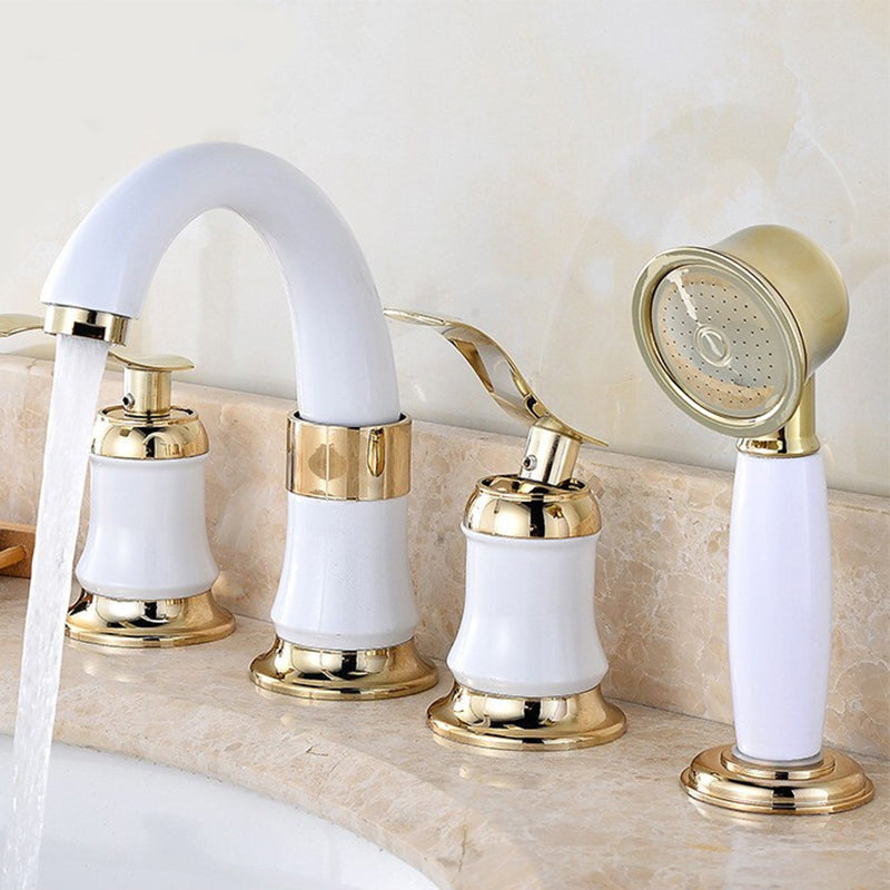 Luxury Rotatable Widespread Sink Faucet Circular Lever Handle Faucet with Water Hose White-Gold Faucets with Handheld Shower Clearhalo 'Bathroom Remodel & Bathroom Fixtures' 'Bathroom Sink Faucets' 'Bathroom Sinks & Faucet Components' 'bathroom_sink_faucets' 'Home Improvement' 'home_improvement' 'home_improvement_bathroom_sink_faucets' 6643603