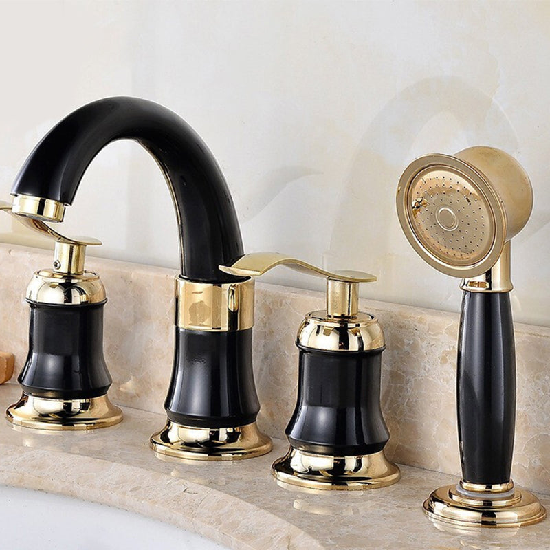 Luxury Rotatable Widespread Sink Faucet Circular Lever Handle Faucet with Water Hose Black-Gold Faucets with Handheld Shower Clearhalo 'Bathroom Remodel & Bathroom Fixtures' 'Bathroom Sink Faucets' 'Bathroom Sinks & Faucet Components' 'bathroom_sink_faucets' 'Home Improvement' 'home_improvement' 'home_improvement_bathroom_sink_faucets' 6643605