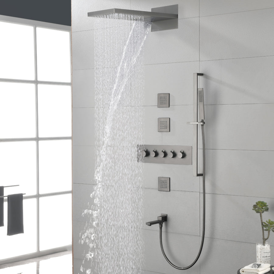 Modern Shower Head Combo Brass Slide Bar Included Wall Mounted Shower System Clearhalo 'Bathroom Remodel & Bathroom Fixtures' 'Home Improvement' 'home_improvement' 'home_improvement_shower_faucets' 'Shower Faucets & Systems' 'shower_faucets' 'Showers & Bathtubs Plumbing' 'Showers & Bathtubs' 6643714