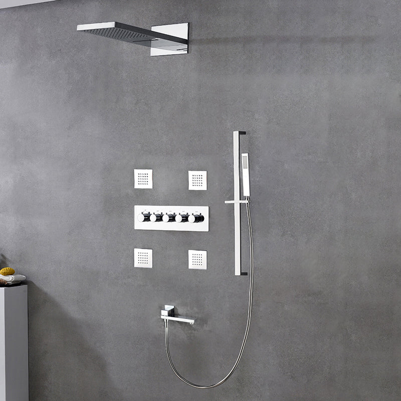 Modern Shower Head Combo Brass Slide Bar Included Wall Mounted Shower System Silver 7 Clearhalo 'Bathroom Remodel & Bathroom Fixtures' 'Home Improvement' 'home_improvement' 'home_improvement_shower_faucets' 'Shower Faucets & Systems' 'shower_faucets' 'Showers & Bathtubs Plumbing' 'Showers & Bathtubs' 6643733