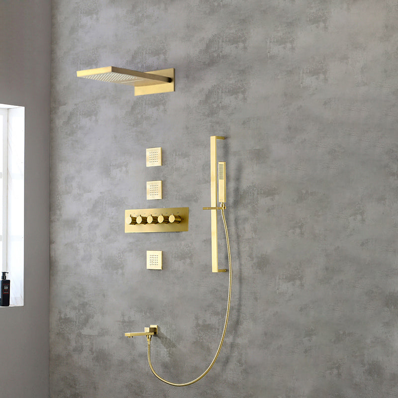 Modern Shower Head Combo Brass Slide Bar Included Wall Mounted Shower System Gold 6 Clearhalo 'Bathroom Remodel & Bathroom Fixtures' 'Home Improvement' 'home_improvement' 'home_improvement_shower_faucets' 'Shower Faucets & Systems' 'shower_faucets' 'Showers & Bathtubs Plumbing' 'Showers & Bathtubs' 6643741