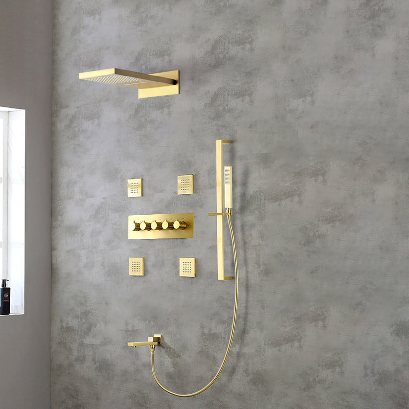 Modern Shower Head Combo Brass Slide Bar Included Wall Mounted Shower System Gold 7 Clearhalo 'Bathroom Remodel & Bathroom Fixtures' 'Home Improvement' 'home_improvement' 'home_improvement_shower_faucets' 'Shower Faucets & Systems' 'shower_faucets' 'Showers & Bathtubs Plumbing' 'Showers & Bathtubs' 6643743