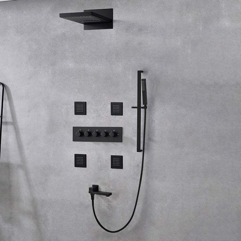 Modern Shower Set Brass Body Jets Adjustable Shower Head Wall Mounted Shower System Black 7 Clearhalo 'Bathroom Remodel & Bathroom Fixtures' 'Home Improvement' 'home_improvement' 'home_improvement_shower_faucets' 'Shower Faucets & Systems' 'shower_faucets' 'Showers & Bathtubs Plumbing' 'Showers & Bathtubs' 6643794