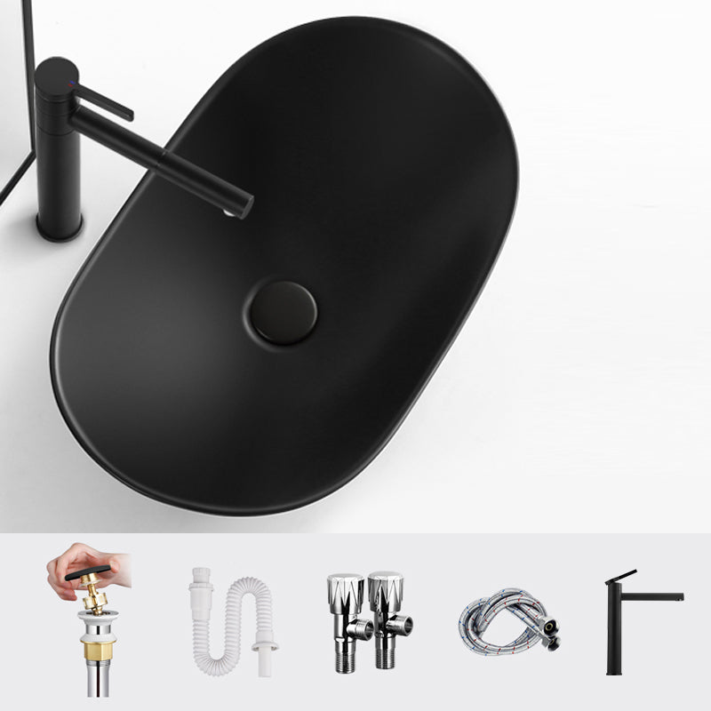 Modern Vessel Bathroom Sink Oval Porcelain with Pop-Up Drain Vessel Lavatory Sink 20"L x 13"W x 6"H Black Round Faucet Clearhalo 'Bathroom Remodel & Bathroom Fixtures' 'Bathroom Sinks & Faucet Components' 'Bathroom Sinks' 'bathroom_sink' 'Home Improvement' 'home_improvement' 'home_improvement_bathroom_sink' 6644091