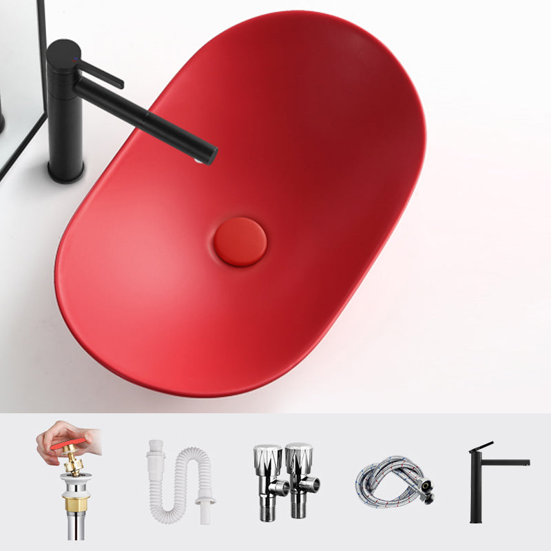 Modern Vessel Bathroom Sink Oval Porcelain with Pop-Up Drain Vessel Lavatory Sink 24"L x 14.2"W x 6.3"H Red Round Faucet Clearhalo 'Bathroom Remodel & Bathroom Fixtures' 'Bathroom Sinks & Faucet Components' 'Bathroom Sinks' 'bathroom_sink' 'Home Improvement' 'home_improvement' 'home_improvement_bathroom_sink' 6644098