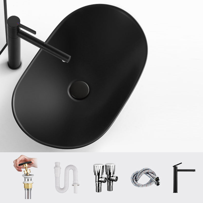Modern Vessel Bathroom Sink Oval Porcelain with Pop-Up Drain Vessel Lavatory Sink 24"L x 14.2"W x 6.3"H Black Round Faucet Clearhalo 'Bathroom Remodel & Bathroom Fixtures' 'Bathroom Sinks & Faucet Components' 'Bathroom Sinks' 'bathroom_sink' 'Home Improvement' 'home_improvement' 'home_improvement_bathroom_sink' 6644109
