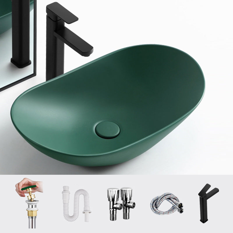 Modern Vessel Bathroom Sink Oval Porcelain with Pop-Up Drain Vessel Lavatory Sink 24"L x 14.2"W x 6.3"H Green Square Faucet Clearhalo 'Bathroom Remodel & Bathroom Fixtures' 'Bathroom Sinks & Faucet Components' 'Bathroom Sinks' 'bathroom_sink' 'Home Improvement' 'home_improvement' 'home_improvement_bathroom_sink' 6644116