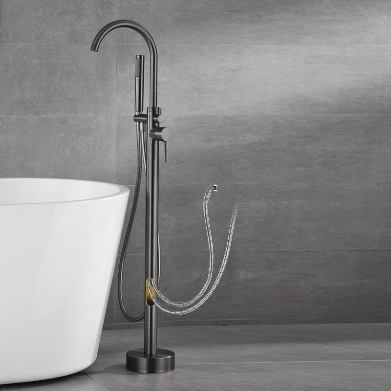 Contemporary Style Freestanding Faucet Copper Floor Mounted Freestanding Faucet Dark Gray Hand Shower Included Wall Clearhalo 'Bathroom Remodel & Bathroom Fixtures' 'Bathtub Faucets' 'bathtub_faucets' 'Home Improvement' 'home_improvement' 'home_improvement_bathtub_faucets' 6644989