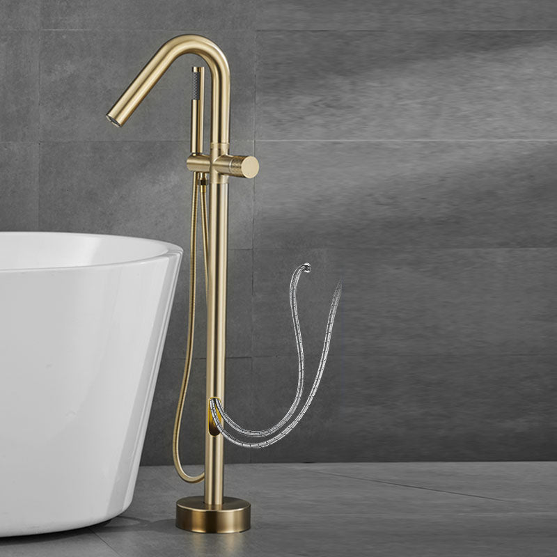 Contemporary Style Freestanding Faucet Copper Floor Mounted Freestanding Faucet Gold Hand Shower Included Wall Clearhalo 'Bathroom Remodel & Bathroom Fixtures' 'Bathtub Faucets' 'bathtub_faucets' 'Home Improvement' 'home_improvement' 'home_improvement_bathtub_faucets' 6644995
