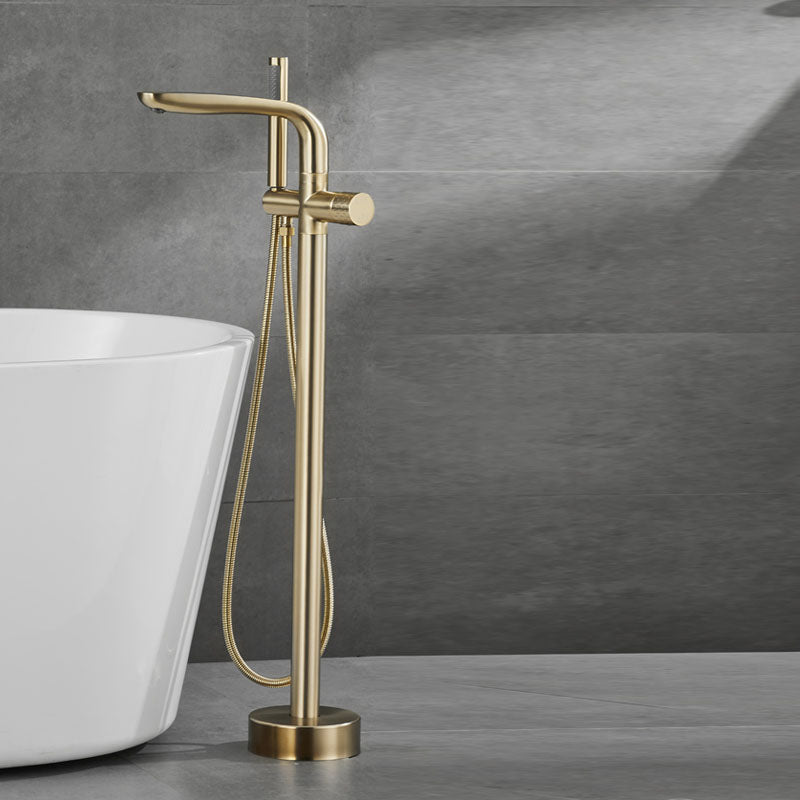 Contemporary Style Freestanding Faucet Copper Floor Mounted Freestanding Faucet Gold Hand Shower Included Ground Clearhalo 'Bathroom Remodel & Bathroom Fixtures' 'Bathtub Faucets' 'bathtub_faucets' 'Home Improvement' 'home_improvement' 'home_improvement_bathtub_faucets' 6645002