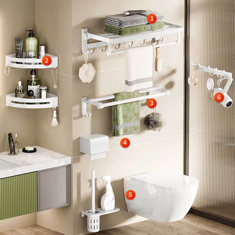 White Bathroom Accessory Set Contemporary Aluminum Bathroom Accessory Kit with Towel Bar 7-Piece Set Clearhalo 'Bathroom Hardware Sets' 'Bathroom Hardware' 'Bathroom Remodel & Bathroom Fixtures' 'bathroom_hardware_sets' 'Home Improvement' 'home_improvement' 'home_improvement_bathroom_hardware_sets' 6648998
