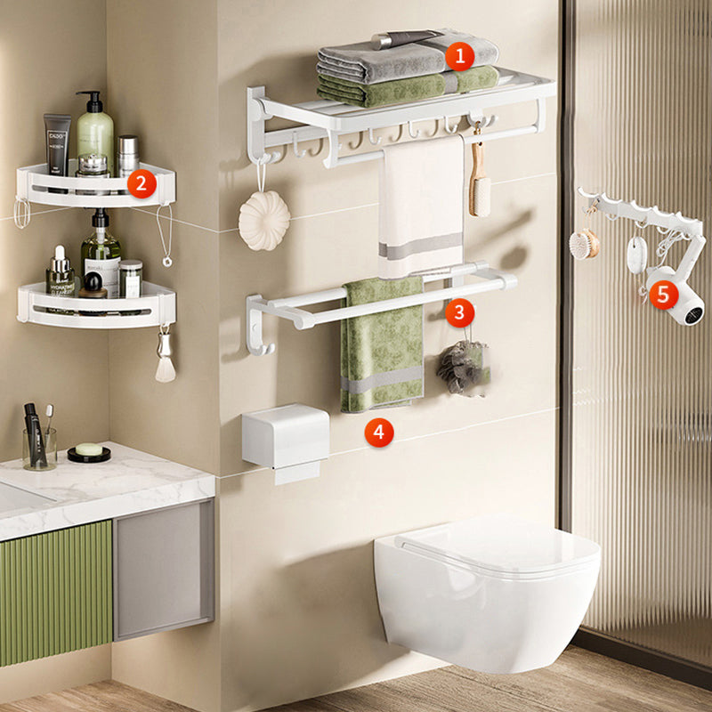 White Bathroom Accessory Set Contemporary Aluminum Bathroom Accessory Kit with Towel Bar 6-Piece Set (Row Hook) Clearhalo 'Bathroom Hardware Sets' 'Bathroom Hardware' 'Bathroom Remodel & Bathroom Fixtures' 'bathroom_hardware_sets' 'Home Improvement' 'home_improvement' 'home_improvement_bathroom_hardware_sets' 6648999