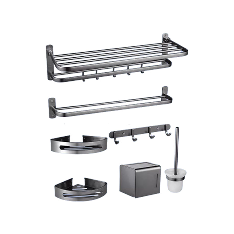 Contemporary Bathroom Accessory Set in Aluminum with Towel Bar/Bath Shelf Grey Double Layer 7-Piece Set Clearhalo 'Bathroom Hardware Sets' 'Bathroom Hardware' 'Bathroom Remodel & Bathroom Fixtures' 'bathroom_hardware_sets' 'Home Improvement' 'home_improvement' 'home_improvement_bathroom_hardware_sets' 6649088