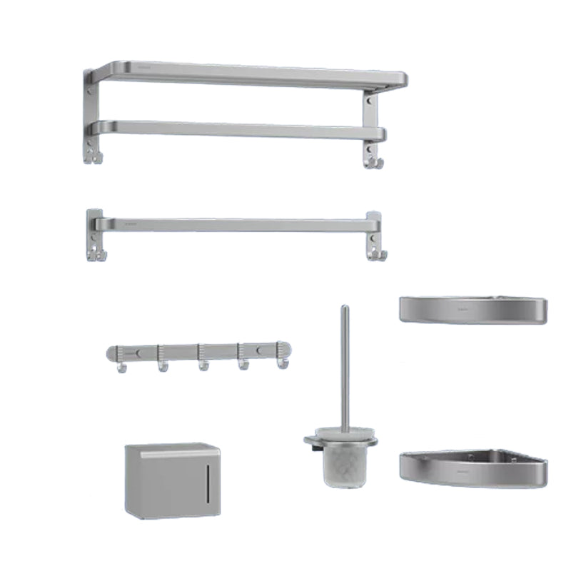 Contemporary Bathroom Accessory Set in Aluminum with Towel Bar/Bath Shelf Chrome Double Layer with Hook 7-Piece Set Clearhalo 'Bathroom Hardware Sets' 'Bathroom Hardware' 'Bathroom Remodel & Bathroom Fixtures' 'bathroom_hardware_sets' 'Home Improvement' 'home_improvement' 'home_improvement_bathroom_hardware_sets' 6649108