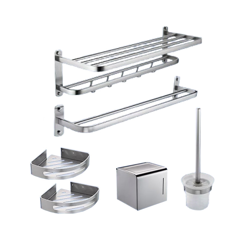 Contemporary Bathroom Accessory Set in Aluminum with Towel Bar/Bath Shelf Chrome Double Layer 6-Piece (Square Toilet Paper Box) Clearhalo 'Bathroom Hardware Sets' 'Bathroom Hardware' 'Bathroom Remodel & Bathroom Fixtures' 'bathroom_hardware_sets' 'Home Improvement' 'home_improvement' 'home_improvement_bathroom_hardware_sets' 6649110