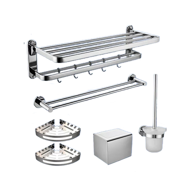 Contemporary Bathroom Accessory Set in Aluminum with Towel Bar/Bath Shelf Light Silver Double Layer 6-Piece Set Clearhalo 'Bathroom Hardware Sets' 'Bathroom Hardware' 'Bathroom Remodel & Bathroom Fixtures' 'bathroom_hardware_sets' 'Home Improvement' 'home_improvement' 'home_improvement_bathroom_hardware_sets' 6649115
