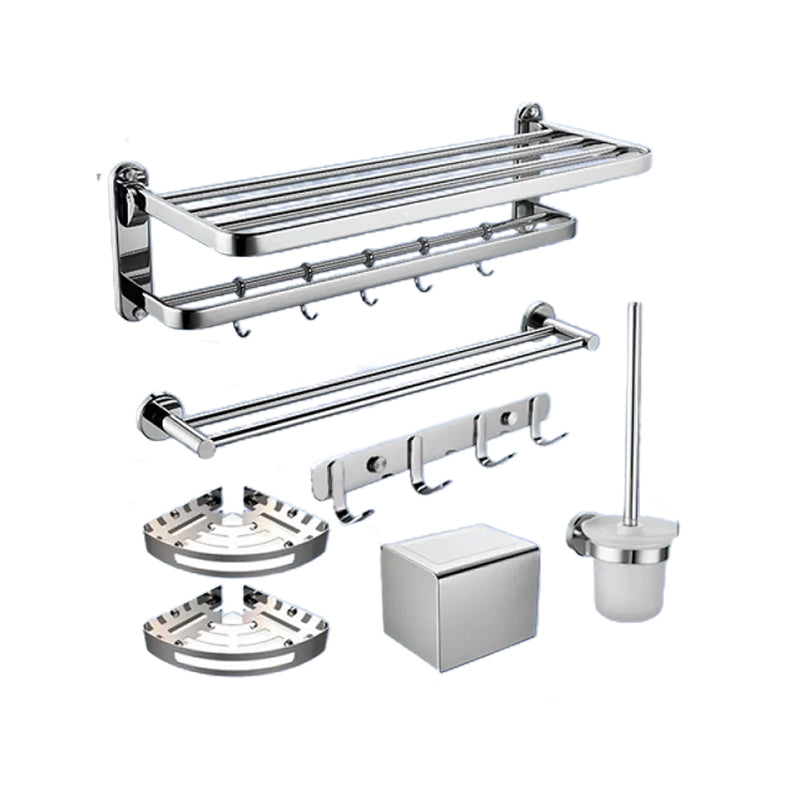 Contemporary Bathroom Accessory Set in Aluminum with Towel Bar/Bath Shelf Light Silver Double Layer 7-Piece Set Clearhalo 'Bathroom Hardware Sets' 'Bathroom Hardware' 'Bathroom Remodel & Bathroom Fixtures' 'bathroom_hardware_sets' 'Home Improvement' 'home_improvement' 'home_improvement_bathroom_hardware_sets' 6649116
