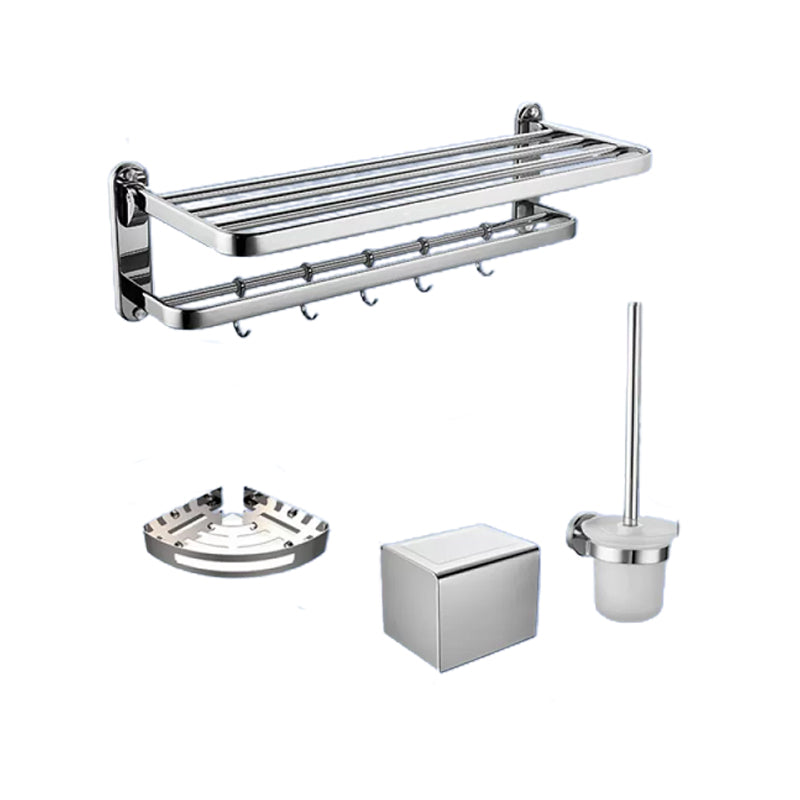Contemporary Bathroom Accessory Set in Aluminum with Towel Bar/Bath Shelf Light Silver Double Layer 4-Piece Set Clearhalo 'Bathroom Hardware Sets' 'Bathroom Hardware' 'Bathroom Remodel & Bathroom Fixtures' 'bathroom_hardware_sets' 'Home Improvement' 'home_improvement' 'home_improvement_bathroom_hardware_sets' 6649118